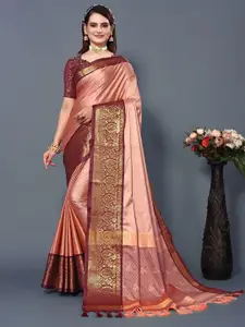 DRESSTIVE Peach-Coloured & Brown Zari Art Silk Saree