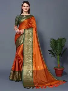 DRESSTIVE Orange & Green Zari Art Silk Saree