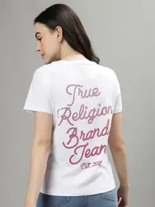 True Religion Typography Embellished V-Neck Pure Cotton T-shirt
