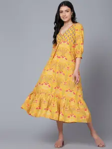 BAESD Floral Printed Cotton V-Neck Puff Sleeve A-Line Midi Dress