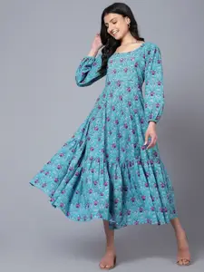 BAESD Floral Printed Cotton Puff Sleeve A-Line Opaque Midi Dress