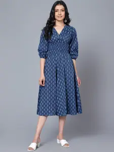 BAESD Ethnic Motifs Printed Cotton V-Neck Puff Sleeve A-Line Opaque Midi Dress