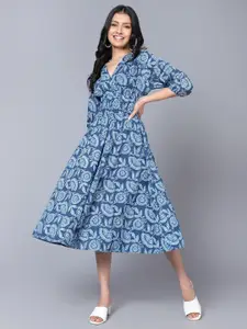 BAESD Printed Puff Sleeve Cotton A-Line Midi Dress