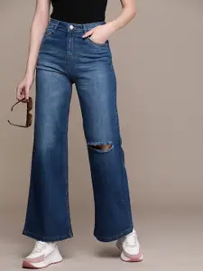 The Roadster Life Co. Women Wide Leg High-Rise Slash Knee Light Fade Stretchable Jeans