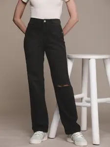 The Roadster Life Co. Women Straight Fit High-Rise Slash Knee Light Fade Stretchable Jeans