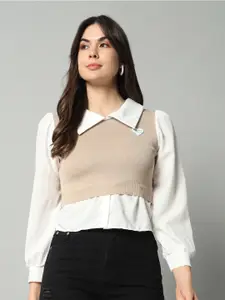 BROOWL Women Beige & White Woollen Sweater Vest