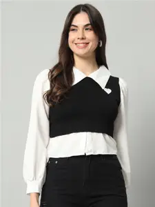 BROOWL Women Black & White Woollen Sweater Vest