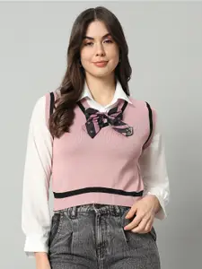 BROOWL Women Pink & White Woollen Sweater Vest