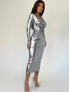 StyleCast Grey V-Neck Long Sleeves Bodycon Midi Dress