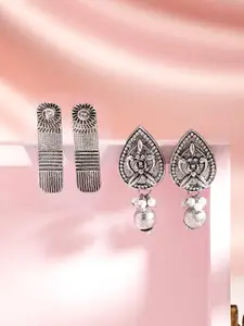 Rubans Silver-Toned & Gunmetal-Toned Geometric Studs Earrings