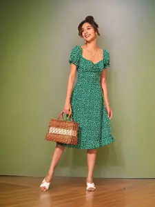 Dream Beauty Fashion Floral Print Puff Sleeve A-Line Midi Dress