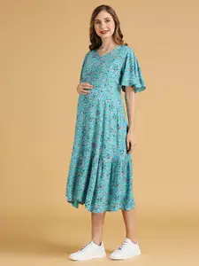 MomToBe Green Floral Print Maternity Fit & Flare Dress