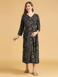 MomToBe Black Print Maternity Fit & Flare Midi Dress