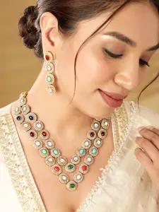 Rubans 24K Gold Plated Multi Color Kundan & Cubic Zirconia Studded MultiLayer Necklace Set