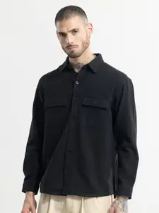 Snitch Black Spread Collar Classic Cotton Boxy Fit Casual Shirt