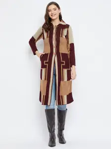 Zigo Geometric Printed Peter Pan Collar Long Sleeves Woollen Longline Cardigan Sweater