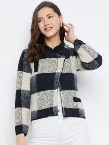 Zigo Checked Mandarin Collar Woollen Cardigan Sweater