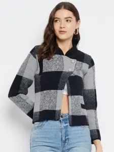 Zigo Checked Mandarin Collar Woollen Cardigan Sweater