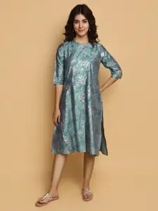 V-Mart Blue Floral Printed Rayon Straight Kurta