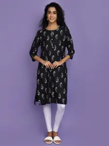 V-Mart Black Floral Printed Rayon Straight Kurta