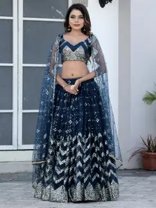 TIKODI Blue Embroidered Sequinned Semi-Stitched Lehenga & Unstitched Blouse With Dupatta