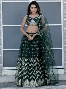 TIKODI Green Embroidered Sequinned Semi-Stitched Lehenga & Unstitched Blouse With Dupatta