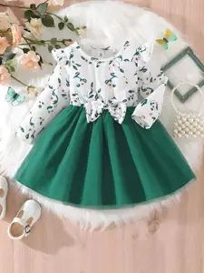 BAESD Girls Floral Printed Round Neck Opaque Knee Length Dress