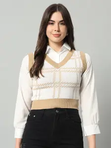 BROOWL Women Beige & White Checked Woollen Sweater Vest