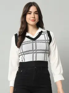 BROOWL Women Black & White Checked Woollen Sweater Vest