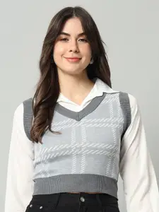 BROOWL Women Grey & White Checked Woollen Sweater Vest
