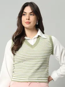 BROOWL Women Green & White Striped Woollen Sweater Vest