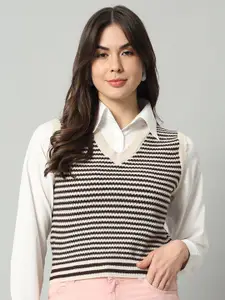 BROOWL Women White & Black Striped Woollen Sweater Vest