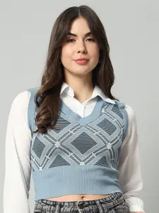 BROOWL Geometric Self Design V-Neck Crop Woollen Sweater Vest