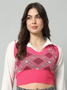 BROOWL Geometric Self Design V-Neck Crop Woollen Sweater Vest