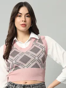 BROOWL Geometric Self Design Crop Woollen Sweater Vest