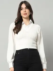 BROOWL Women White & White Woollen Sweater Vest