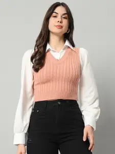 BROOWL Women Pink & White Woollen Sweater Vest