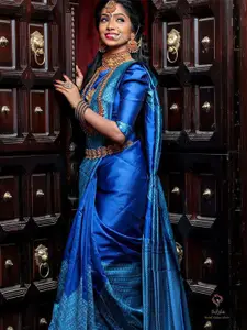 KALINI Blue and SilverToned Ethnic Woven Designer Cotton Silk Saree