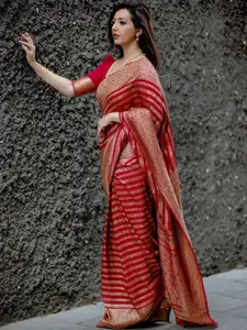 KALINI Red and GoldToned Ethnic Woven Designer Cotton Silk Saree