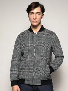 Campus Sutra Checked Stand Collar Windcheater Bomber Jacket