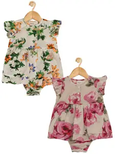 Creative Kids Infant Girls Pack Of 2 Floral Print Flutter Sleeves Cotton Fit & Flare Dress