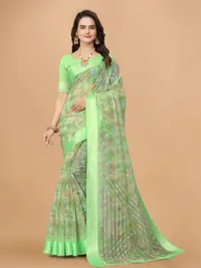 KALINI Green Floral Zari Pure Linen Designer Saree
