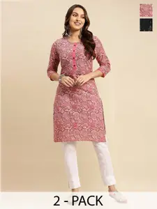 Rangita 2 Pieces Floral Printed Notched & Round Neck Knee Length Straight Kurtas