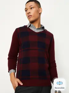 max Checked V-Neck Reversible Pure Acrylic Pullover