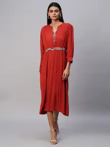 Chemistry Embroidered Notched Neck Midi Casual Dress
