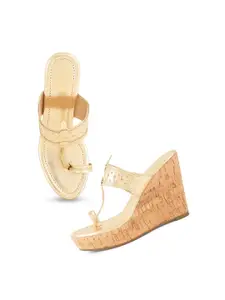 SCENTRA Gold-Toned Embellished Wedge Sandals