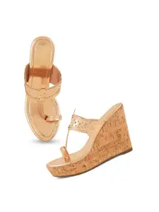 SCENTRA Rose Gold Colourblocked Wedge Sandals