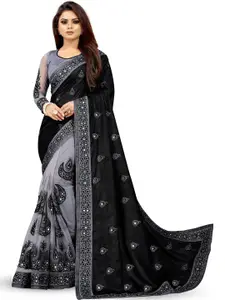 AB YOUNG Black & Black Embroidered Net Half and Half Saree