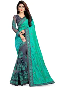 AB YOUNG Teal & Teal Embroidered Net Half and Half Saree