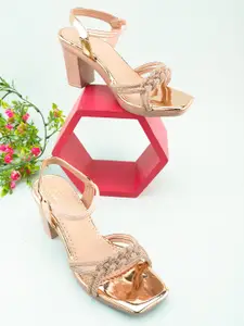 XE Looks Gold-Toned Embellished Party Block Sandals with Buckles